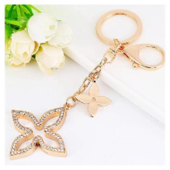 NWT Rhinestone Crystal Purse Charm Key Ring Chain Star Fleur di Lis LV Gold Bag - Picture 2 of 9